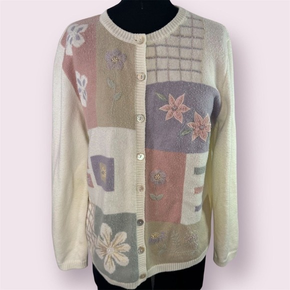 Vtg Women M Ivory Pastel Cardigan Floral Embroidery Cottage Grandma Spring Boho - Picture 2 of 12